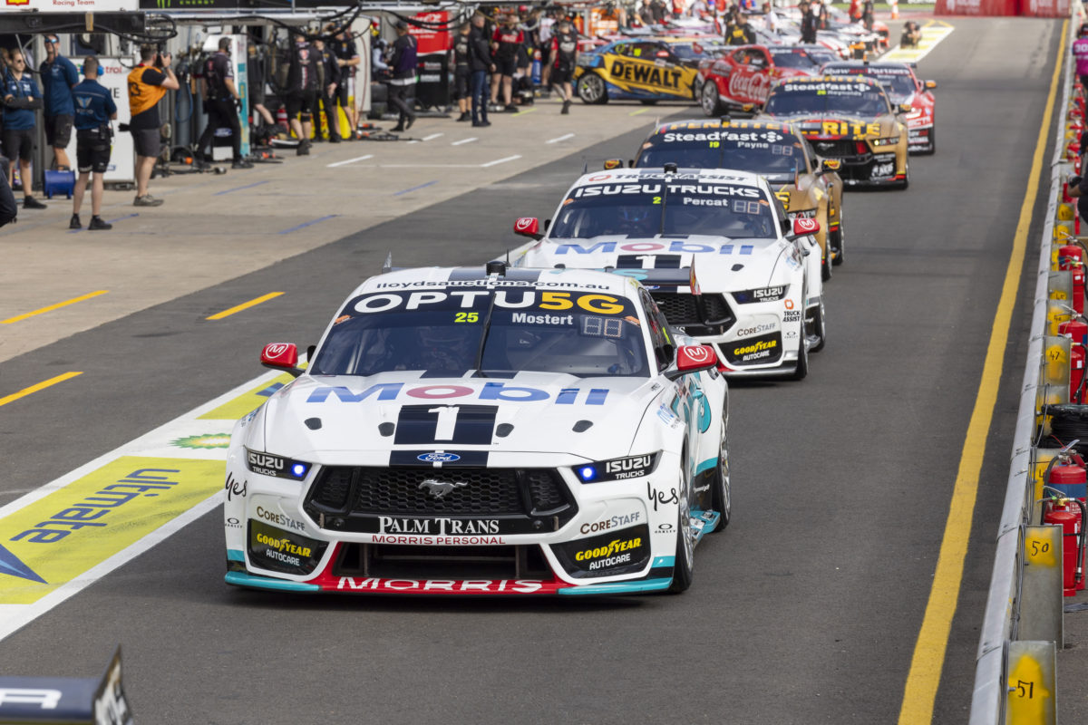 Chaz Mostert drives up pit lane at the 2023 Adelaide 500 in his Walkinshaw Andretti United Ford Mustang Supercar