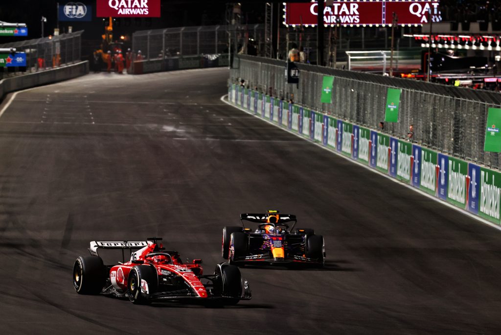 Ferrari's Charles Leclerc and Sergio Perez in his Red Bull were involved in a thrilling duel in Las Vegas