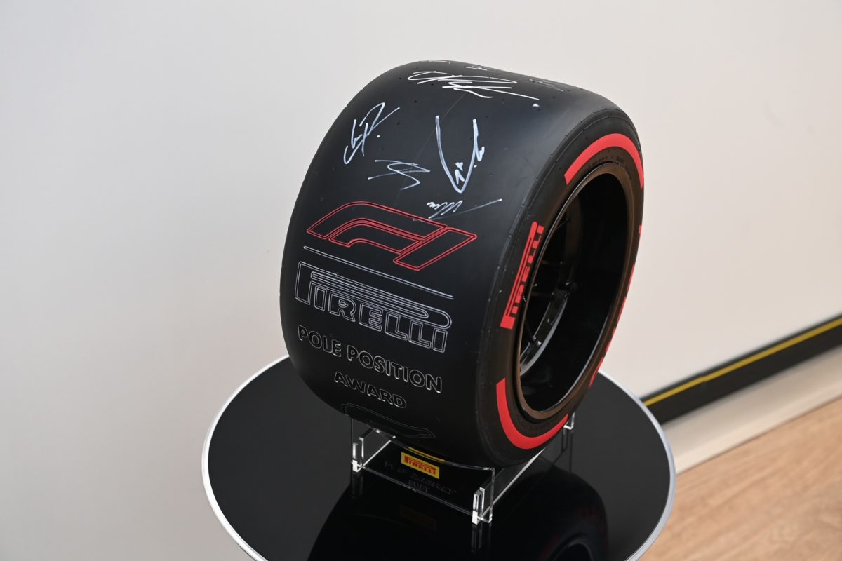 The Pirelli polesitter award for the cancelled Emilia Romagna GP at Imola which has been signed by all 20 F1 drivers