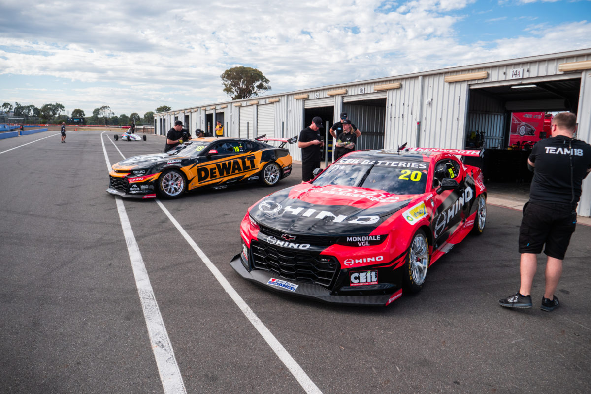 The Team 18 Supercars in the Winton pit lane
