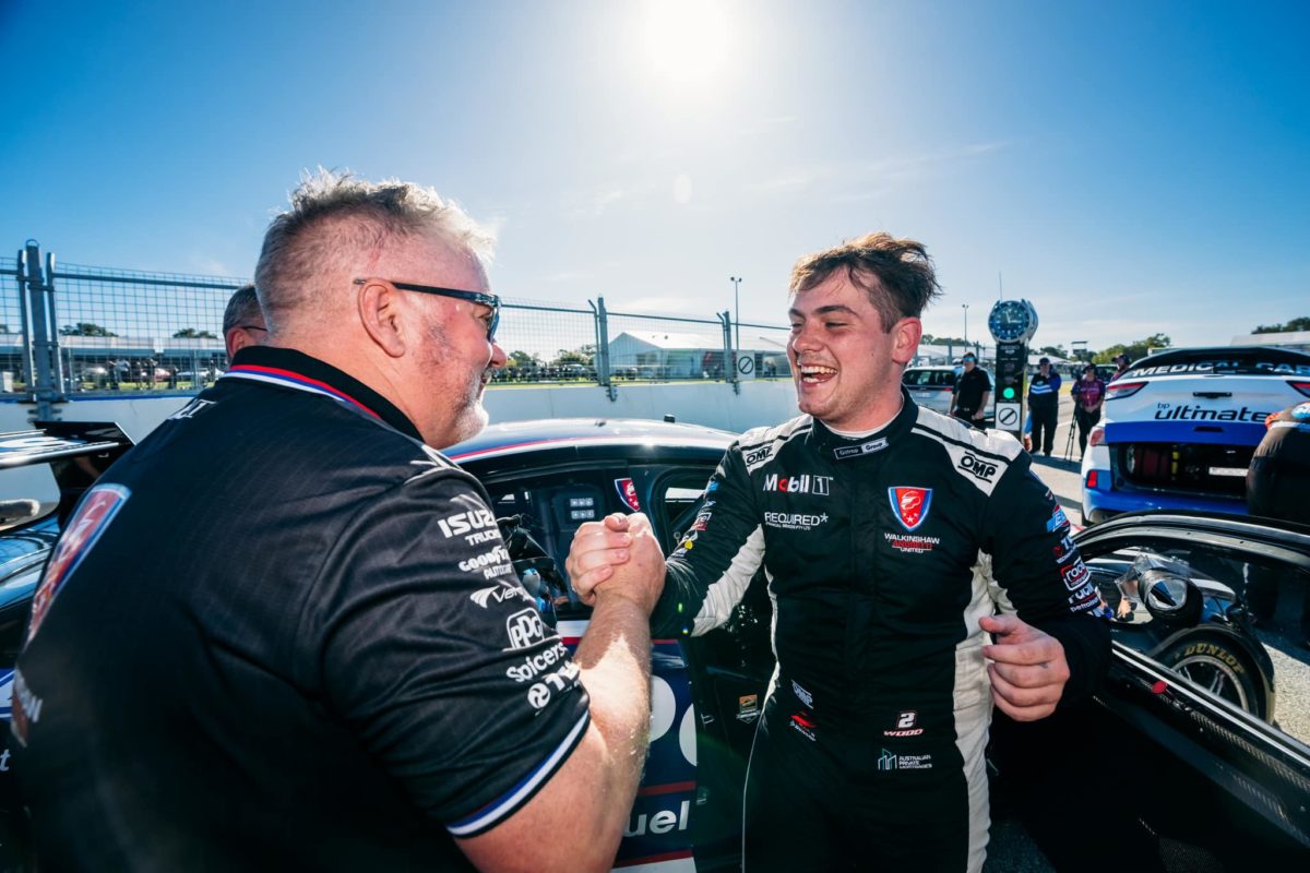 Ryan Wood (right) is congratulated by Walkinshaw Andretti United Team Principal Bruce Stewart after a Super2 race win. Picture: Supplied