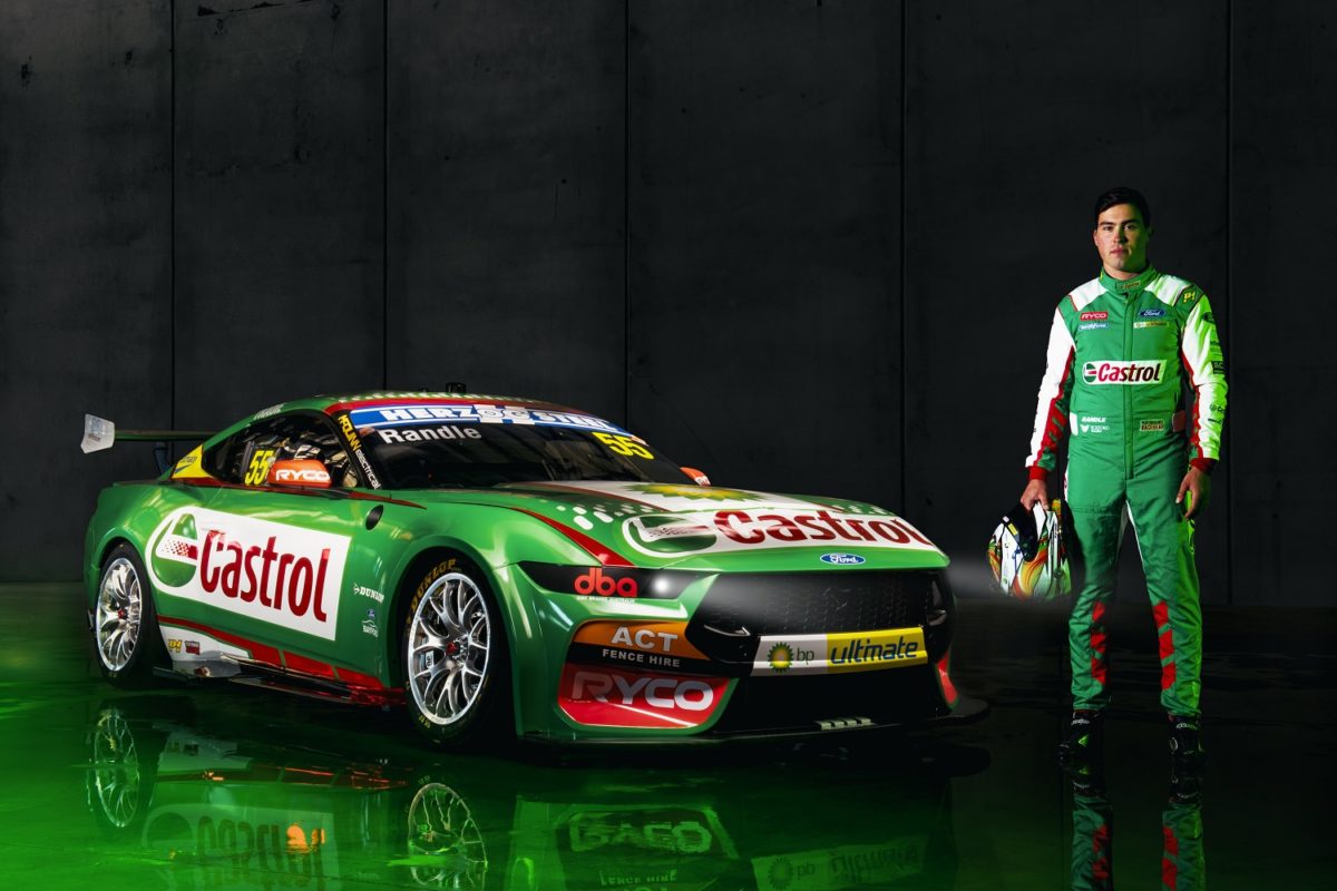 Thomas Randle with his #55 Tickford Racing Ford Mustang in its 2023 livery