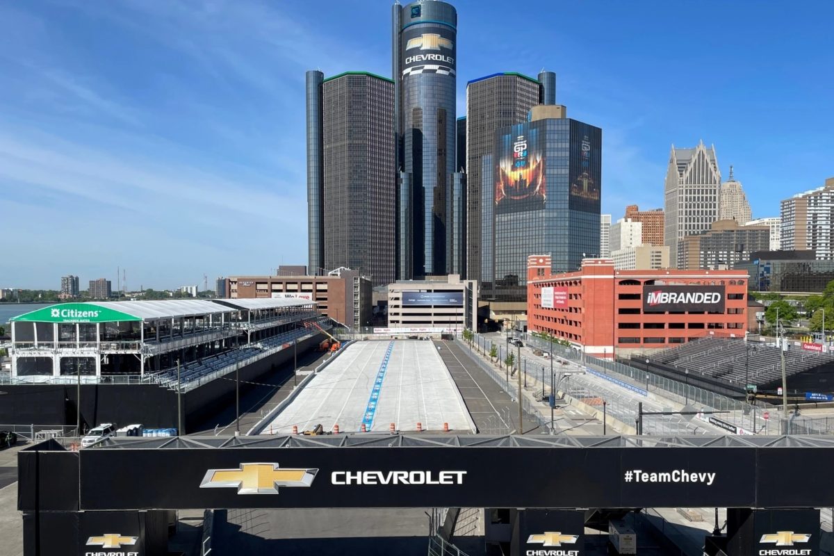 The dual Detroit IndyCar pit lane. Picture: Chevrolet Detroit Grand Prix