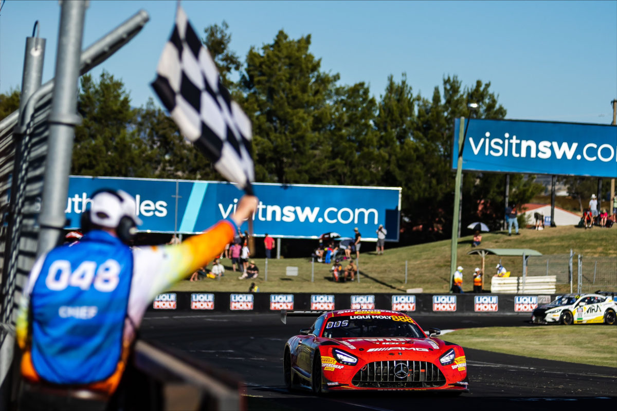 Broc Feeney takes the chequered flag at the Bathurst 12 Hour