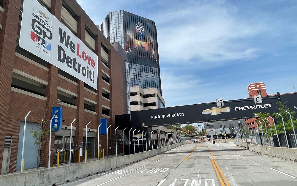 Pit entry is a right-hand turn off St Antoine. Picture: Detroit Grand Prix Twitter