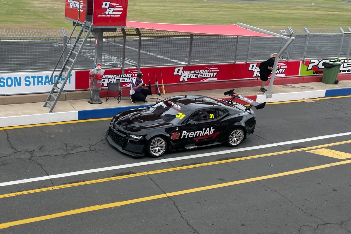 A PremiAir Racing Chevrolet Camaro being shaken down at Queensland Raceway