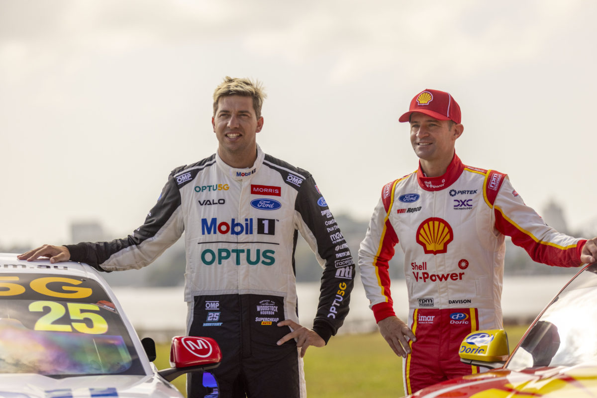 Chaz Mostert (left, pictured with Will Davison) is hoping for plenty of dry track time for testing his new Gen3 Ford Mustang Supercar