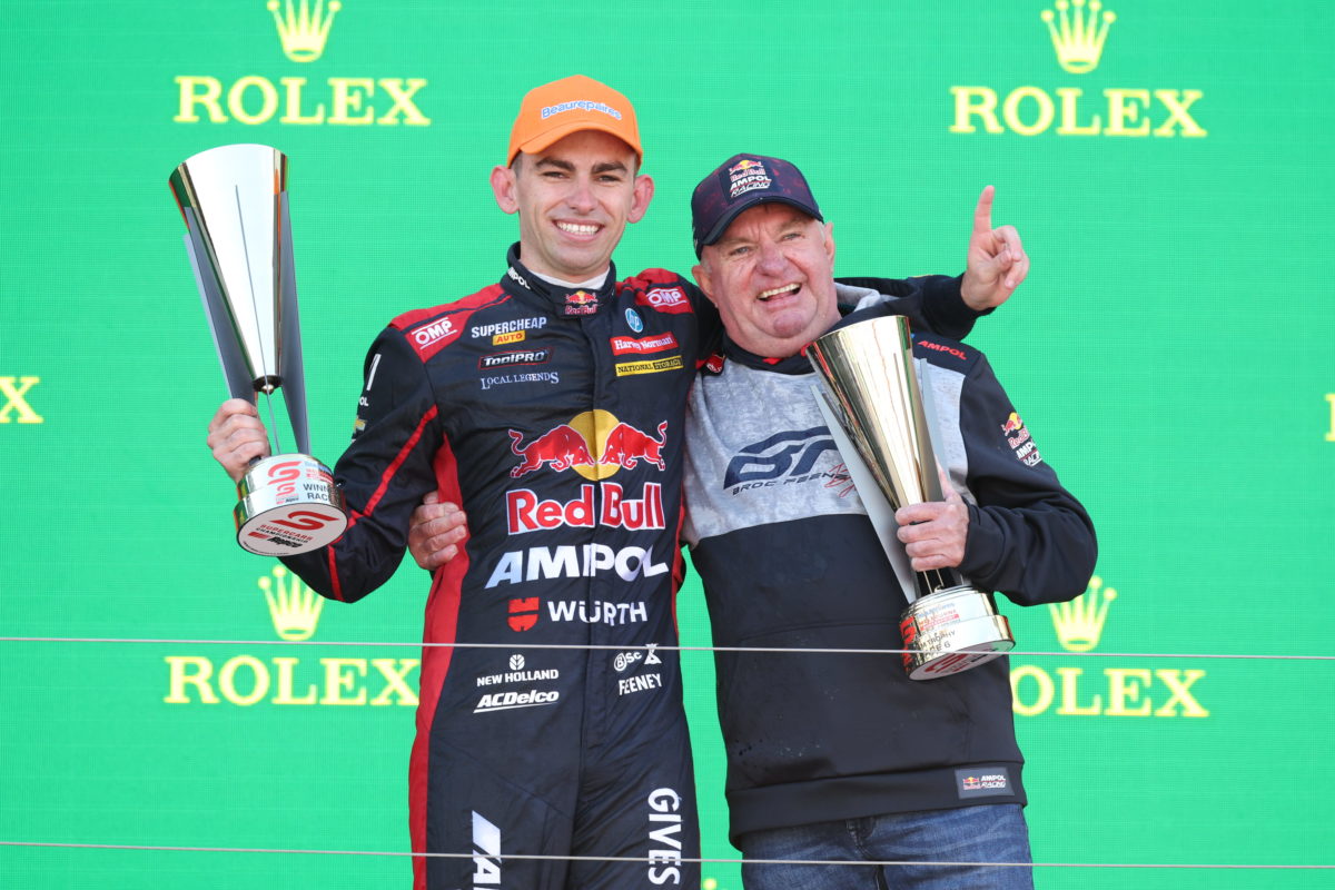 Broc Feeney on the Albert Park podium with father Paul