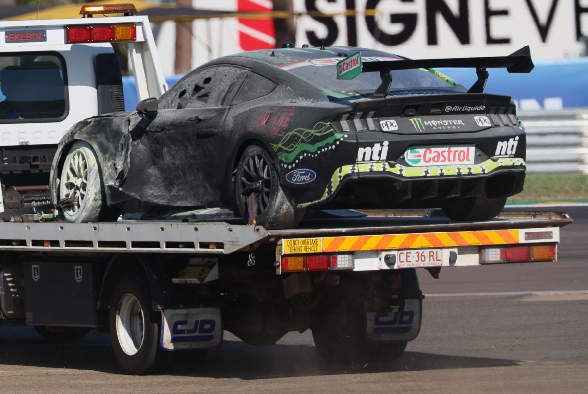 The Cameron Water Ford Mustang Supercar after its fire in Darwin. Picture: Supplied