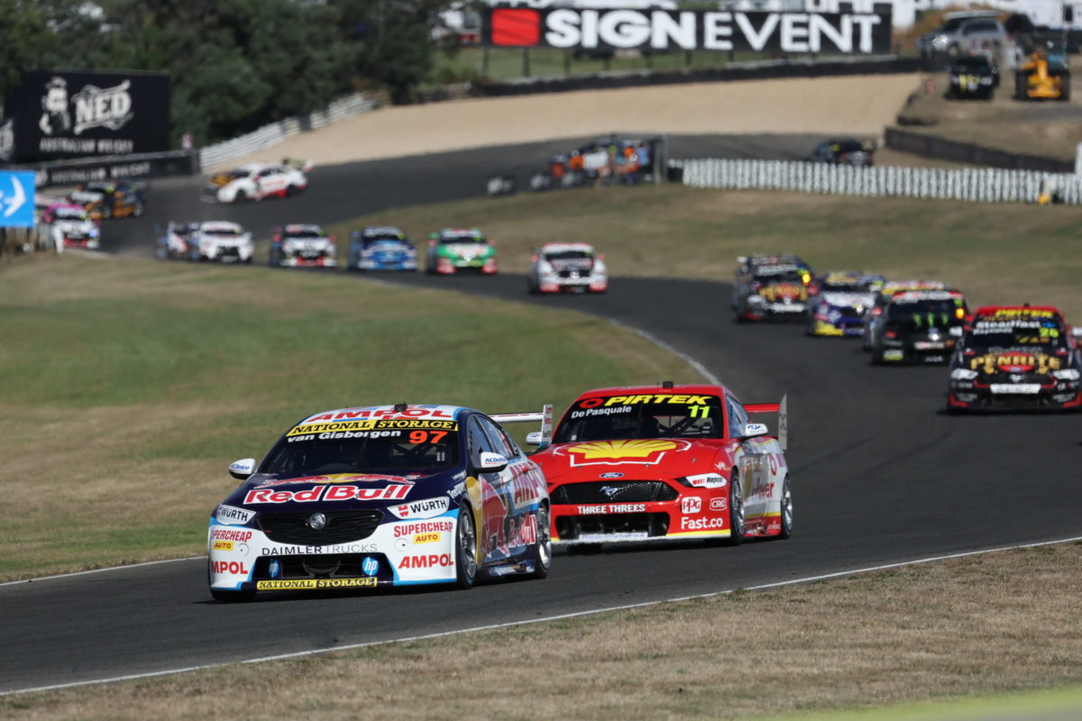 The Supercars field will race with a different drop gear ratio at Symmons Plains. Picture: Mark Horsburgh