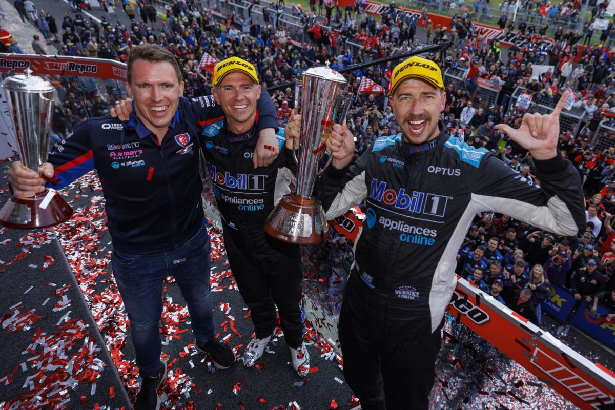 WAU has confirmed the return of Lee Holdsworth (centre) as co-driver for Chaz Mostert (right), who are pictured with team co-owner Ryan Walkinshaw, for the 2023 Bathurst 1000