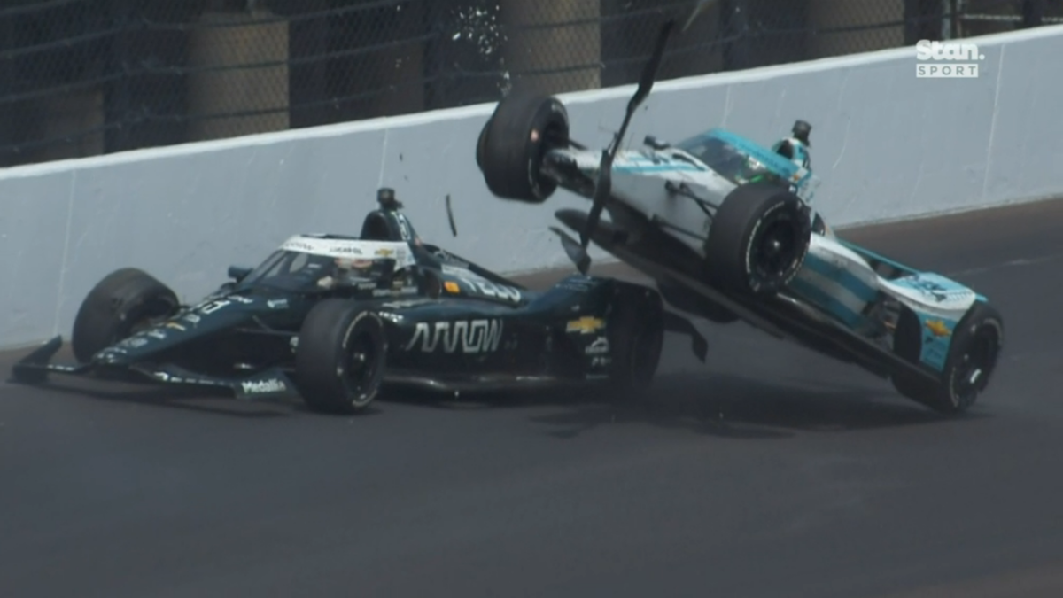 Agustin Canapino hits Pato O'Ward on Lap 194 of the Indy 500. Picture: Stan Sport