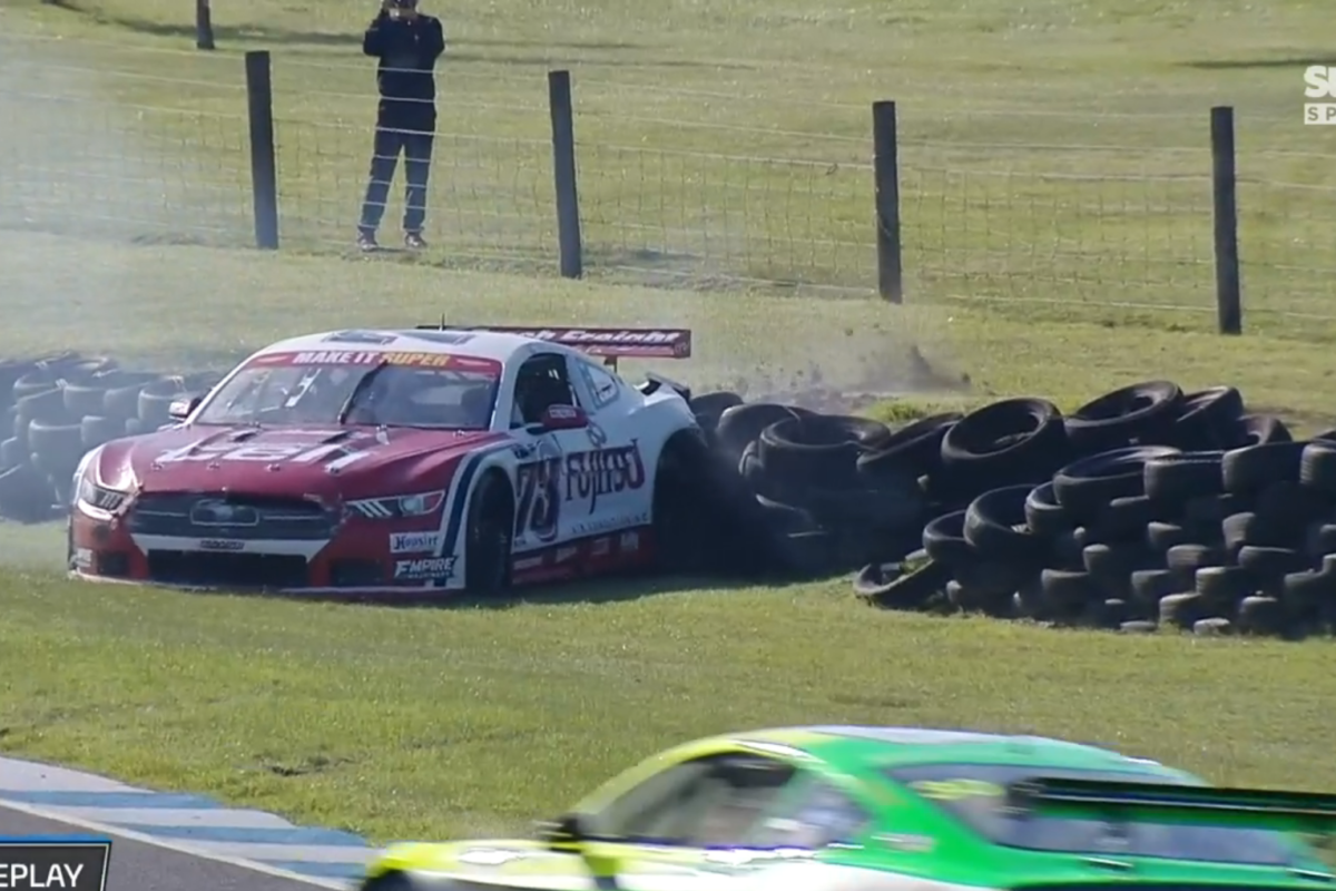 Nash Morris won while Owen Kelly was a DNF after this incident in Trans Am Race 2 at Phillip Island. Picture: Stan Sport