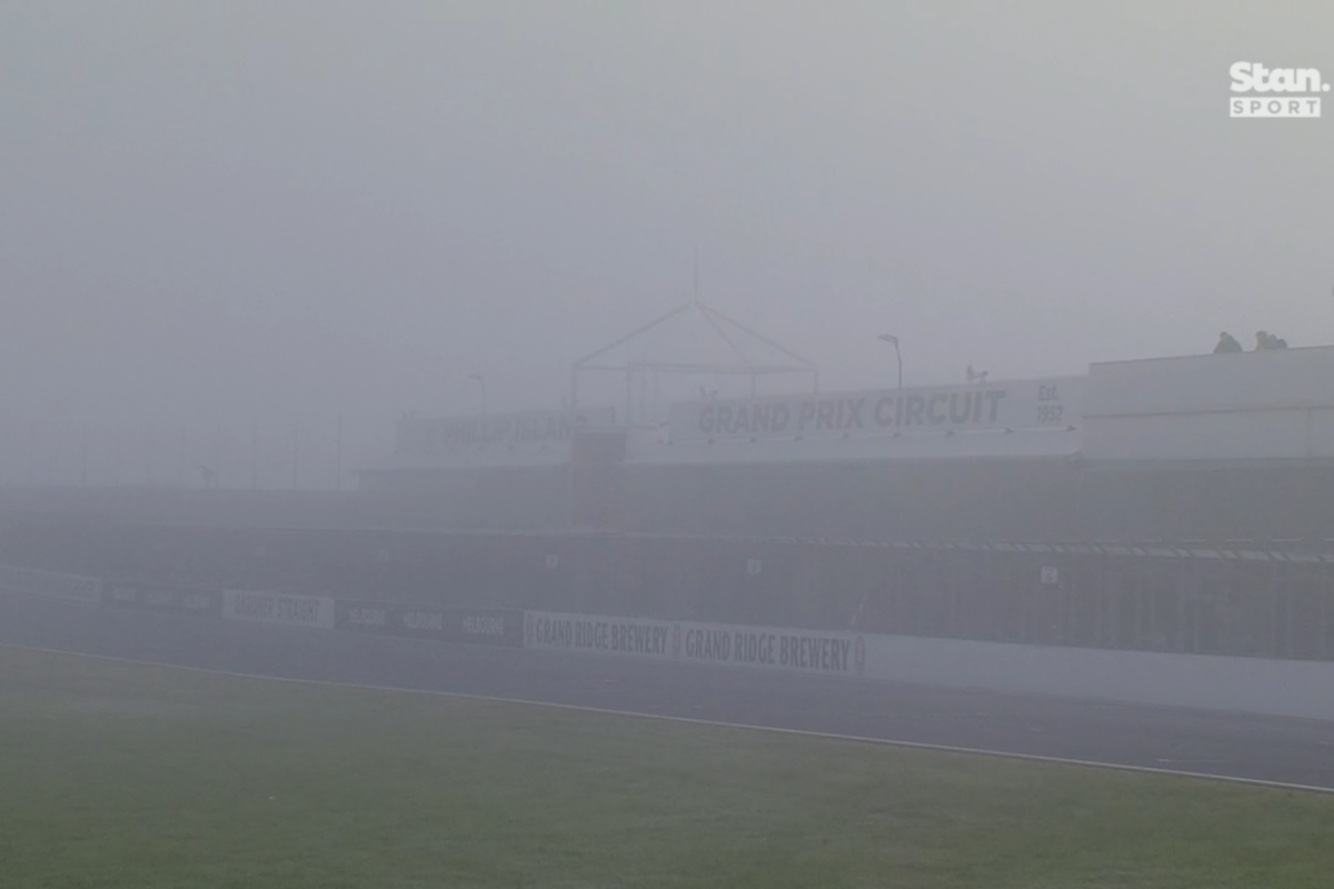 Heavy fog at the Phillip Island SpeedSeries event, a short time ago. Picture: Stan Sport