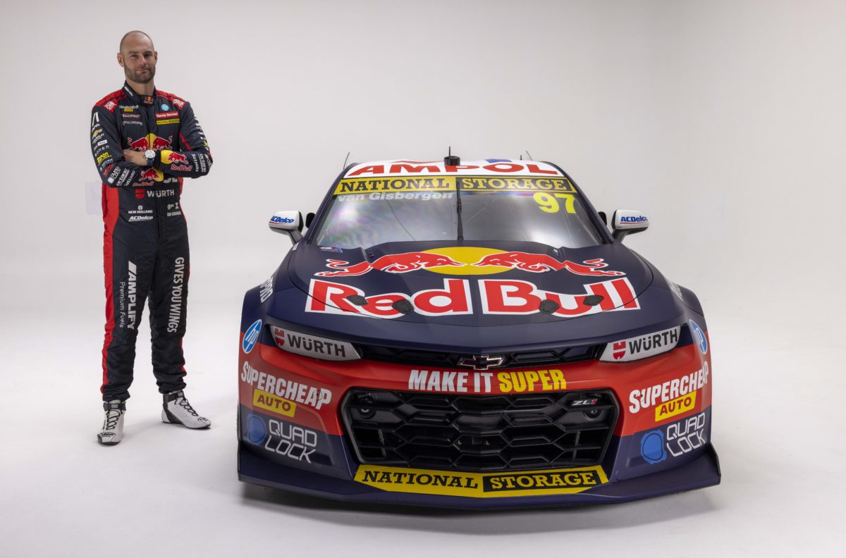 Shane van Gisbergen with a Triple Eight Race Engineering Chevrolet Camaro in its 2023 Red Bull Ampol Racing event livery