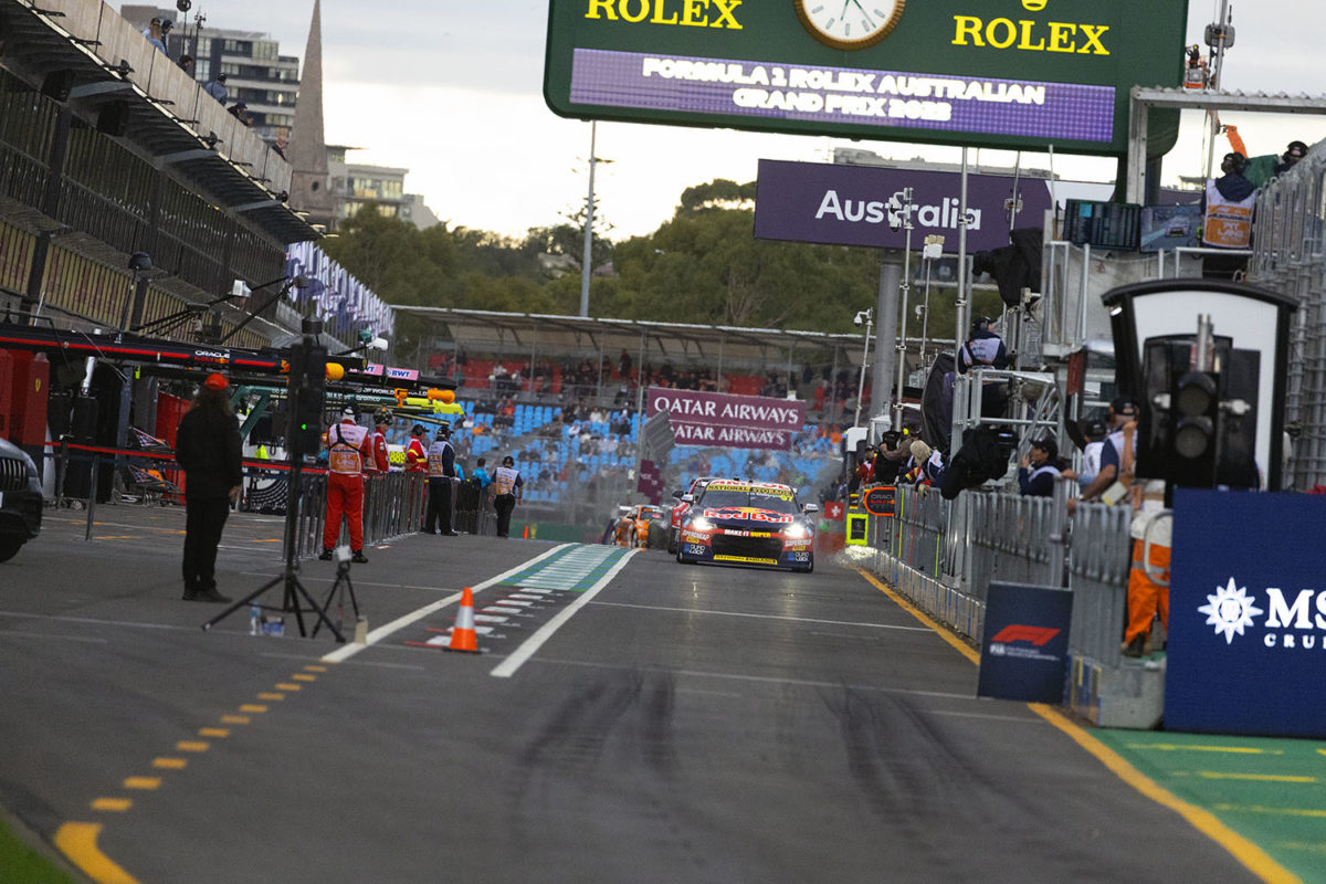 Shane van Gisbergen drives down pit lane after his stop. Picture: Ross Gibb Photography