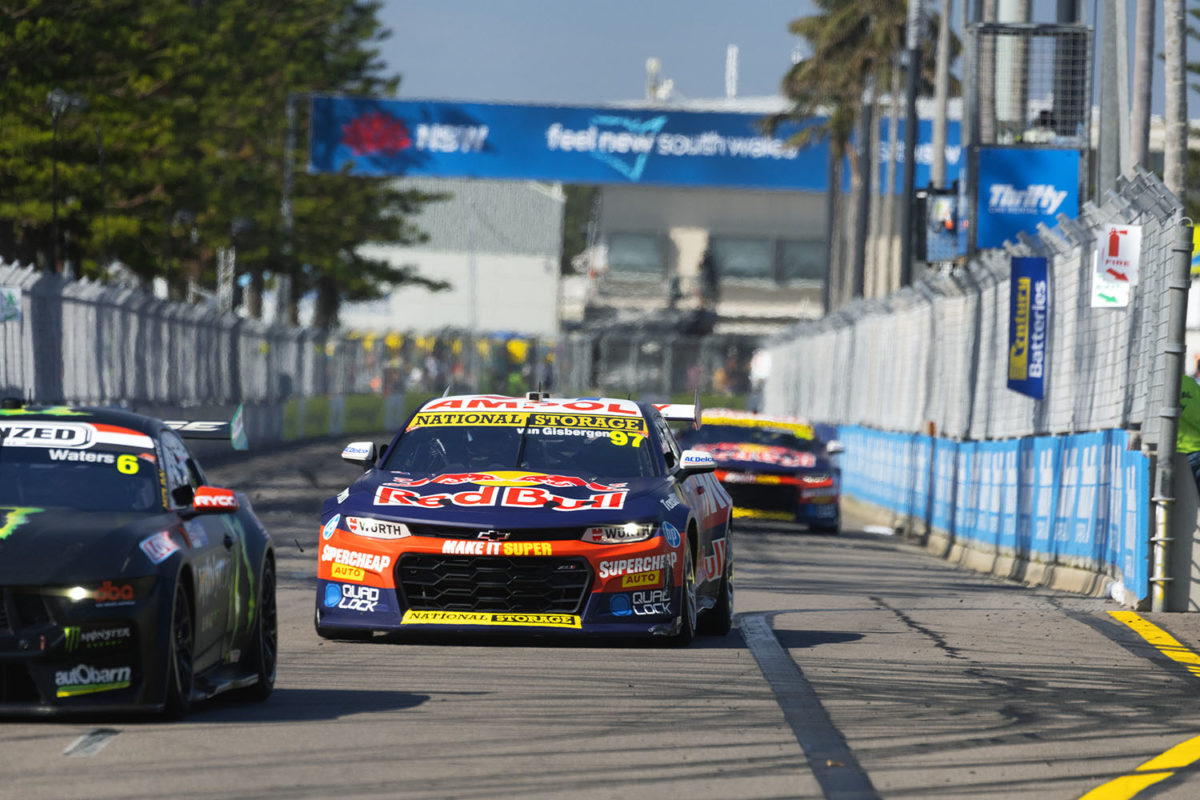 Shane van Gisbergen follows Waters in the early stages of Race 1. Picture: Ross Gibb