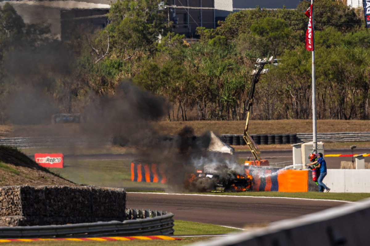 The Cameron Waters Ford Mustang Supercar on fire at Hidden Valley Raceway in Darwin. Picture: InSyde Media