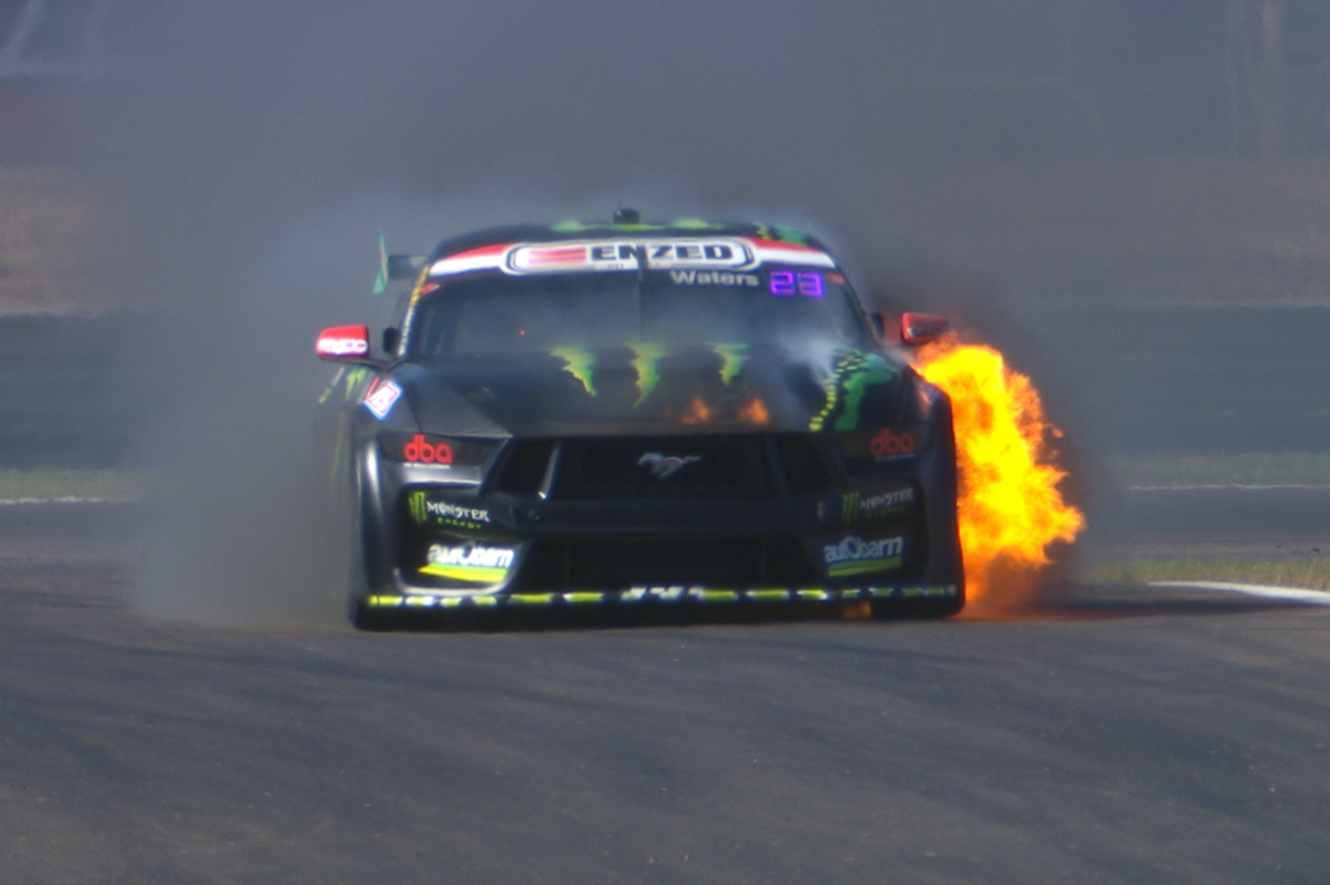 The Cameron Waters Ford Mustang on fire. Picture: Supplied