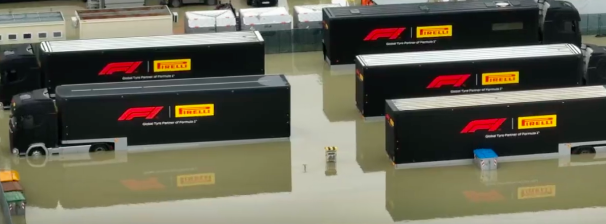 Despite being swamped with floodwater at Imola, the Pirelli trucks are back on the move