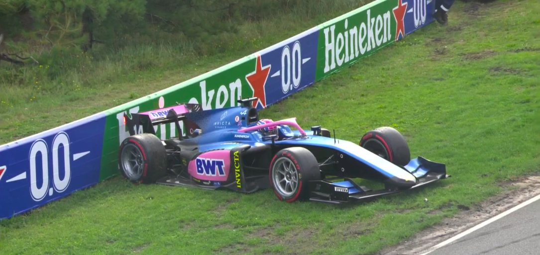 Jack Doohan was the first to retire during a chaotic Dutch F2 feature race at Zandvoort