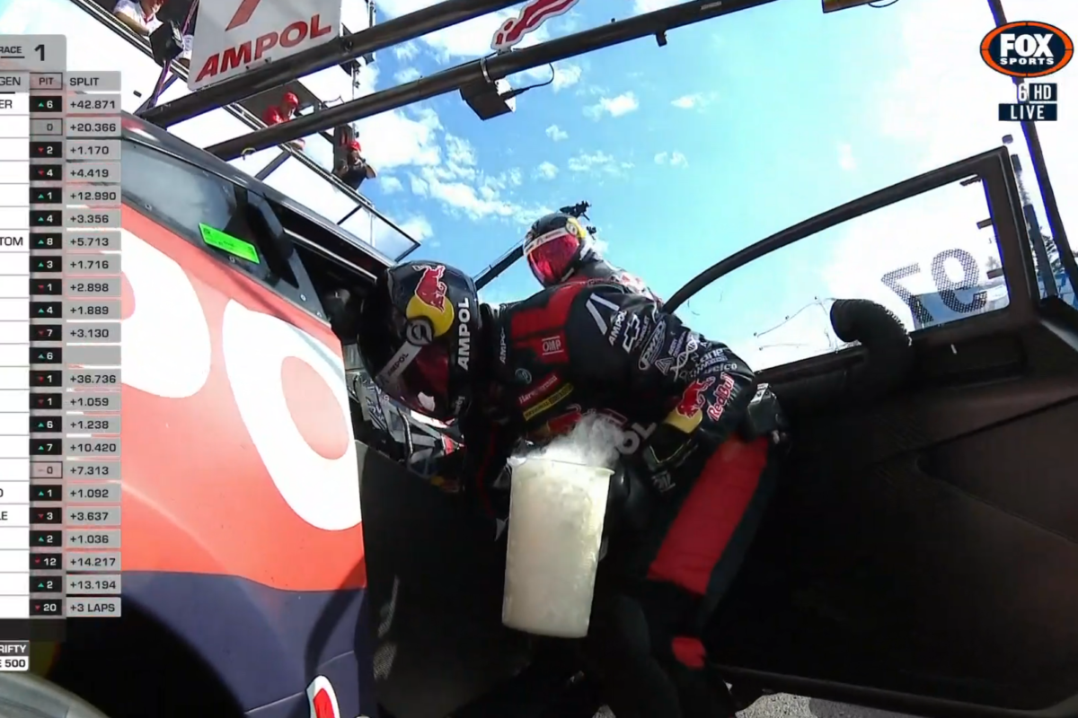 Dry ice filled in Shane van Gisbergen's car in his second pit stop. Picture: Fox Sports