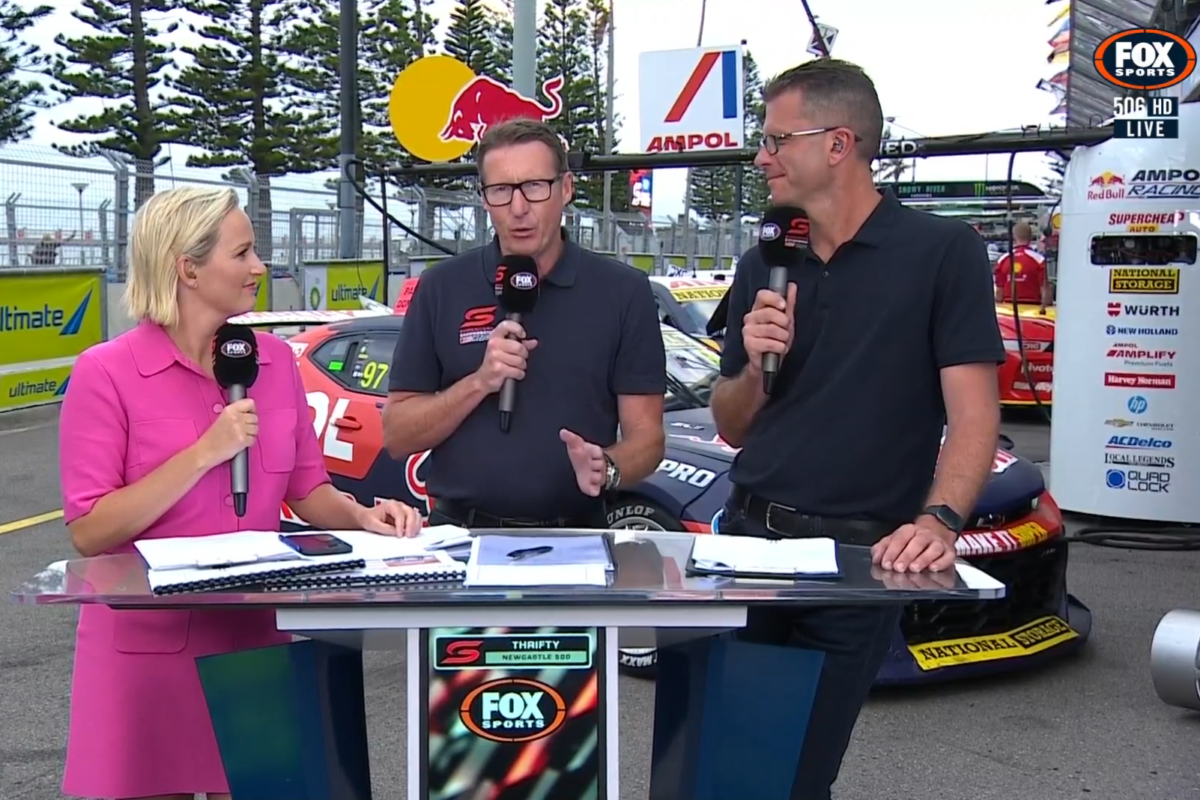 Jessica Yates, Mark Skaife, and Garth Tander discuss van Gisbergen's behaviour in the press conference. Picture: Fox Sports