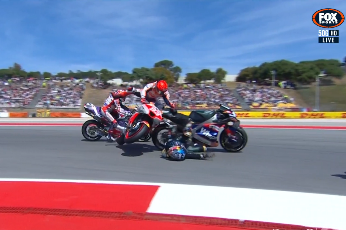 Marc Marquez has been issued a penalty for crashing into Miguel Oliveira. Picture: Fox Sports