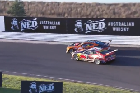The contact at Brambles Hairpin. Picture: Supercars television world feed