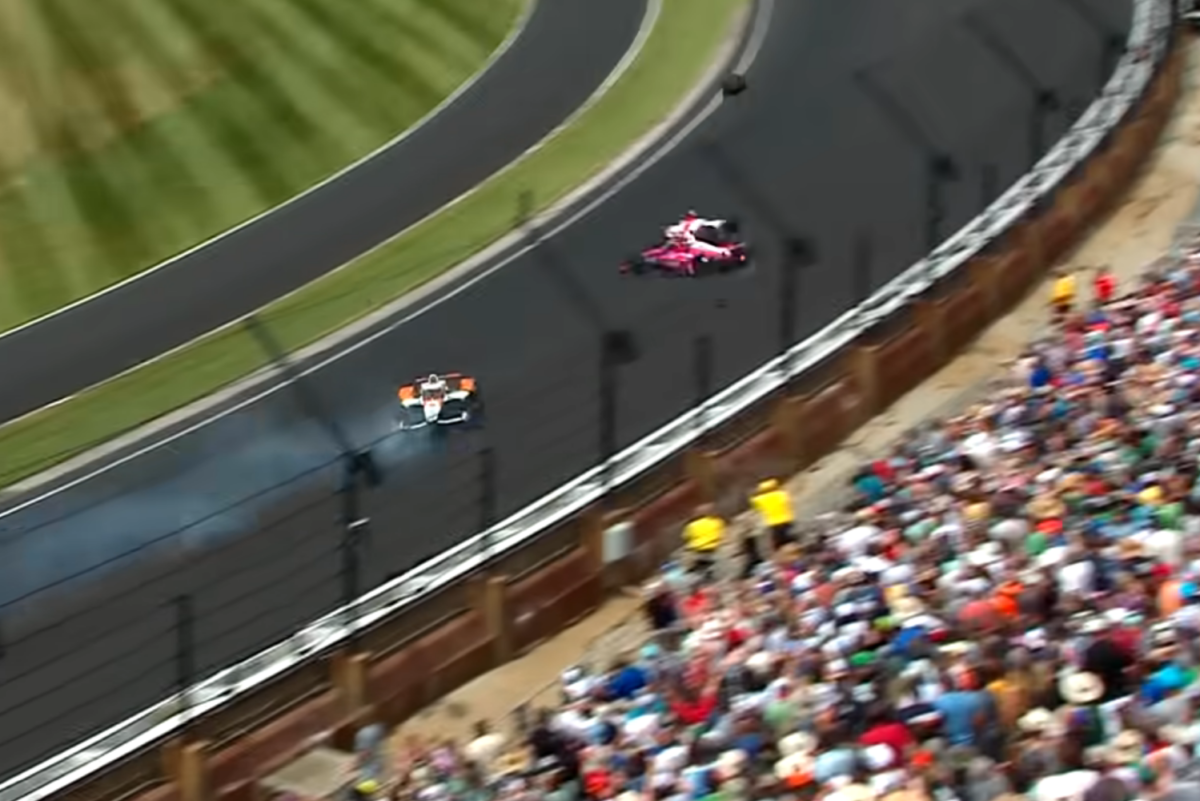 IndyCar claims the tether did not fail when Kyle Kirkwood's left-rear wheel went flying in this incident. Picture: IndyCar