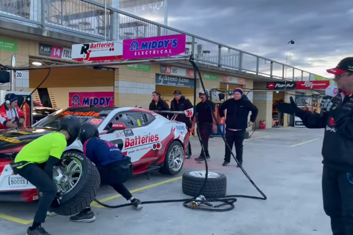 Brad Jones Racing undertakes pit stop practice at the Symmons Plains Supercars event