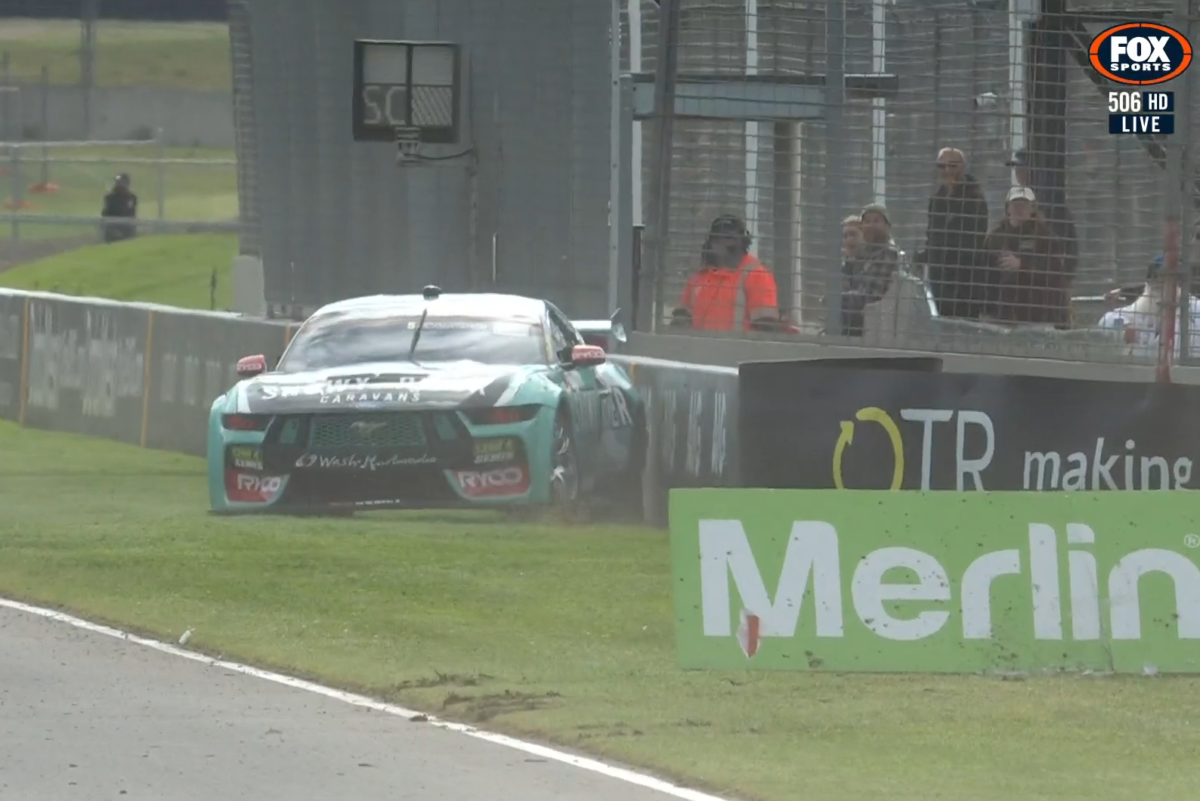 James Courtney crashes in Supercars Championship Practice 2 at The Bend. Image: Fox Sports