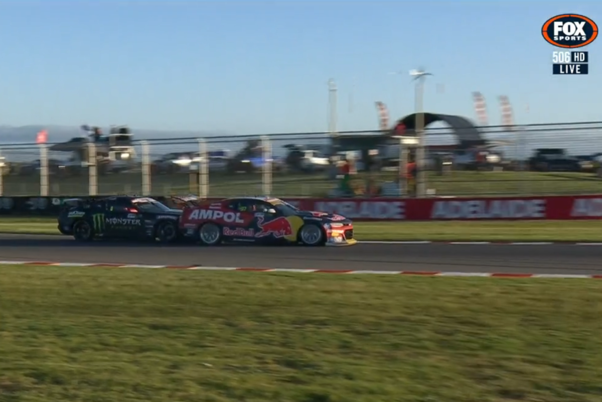 Supercars stewards issued no penalties in Race 20, including for this incident between Cam Waters and Shane van Gisbergen. Image: Fox Sports