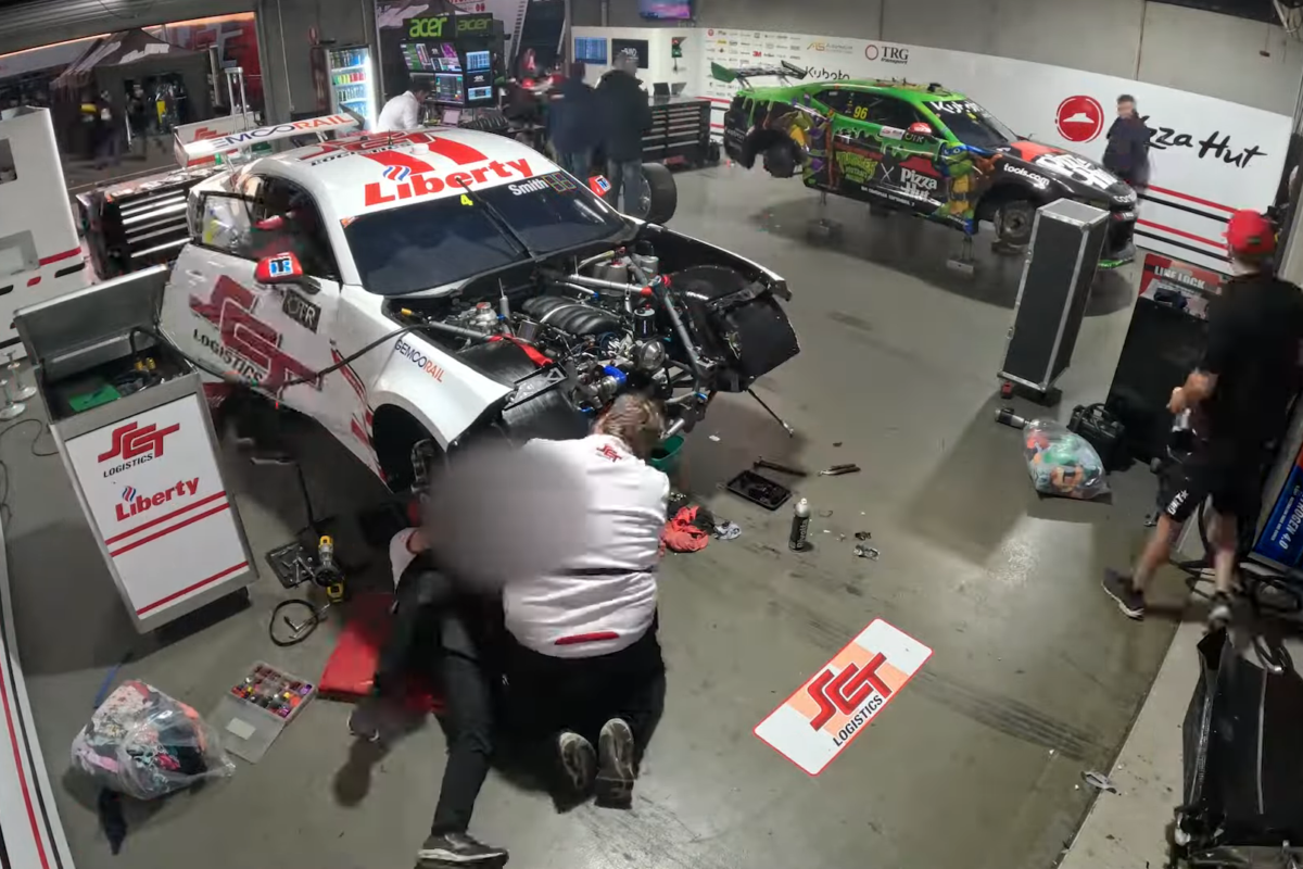 The Brad Jones Racing crew works into the night at The Bend to repair the #4 Camaro. Image: Supplied