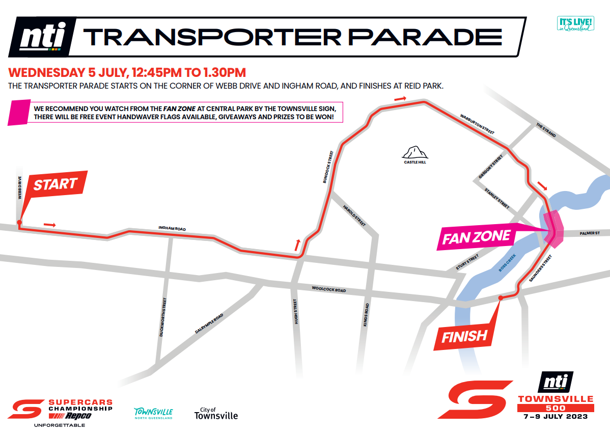 The Townsville 500 Supercars transporter parade map