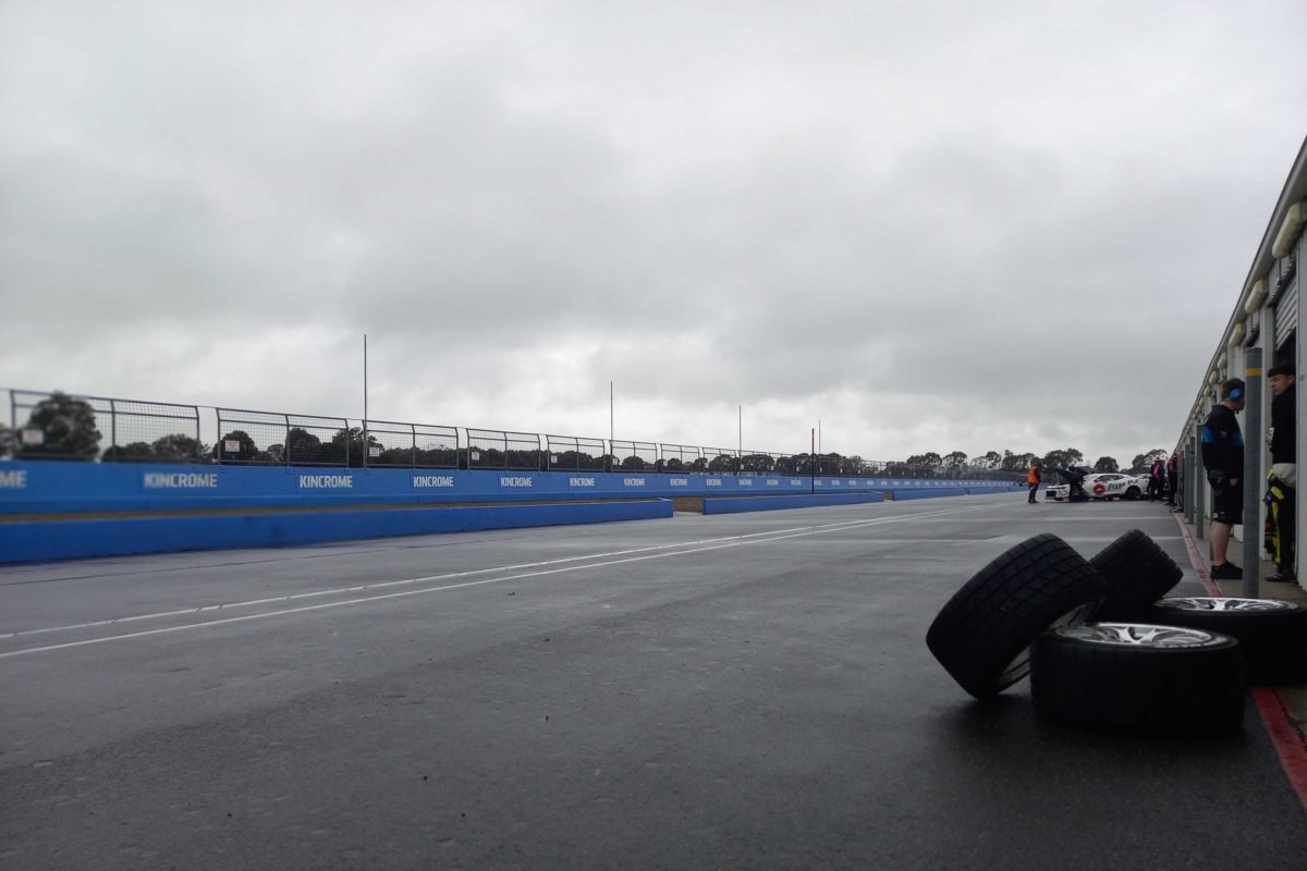 A wet Winton pit lane during the Supercars test day, earlier. Picture: Daniel Herrero