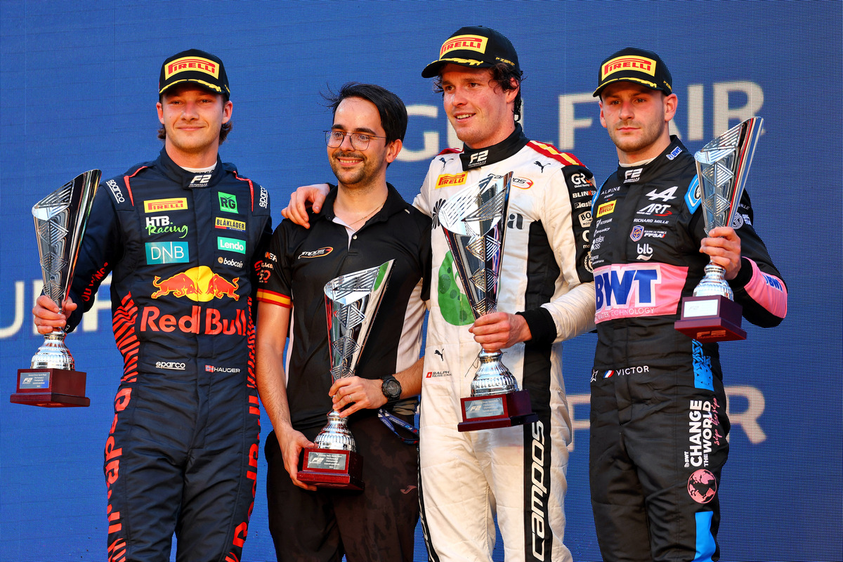 F2 SPrint race winner Ralph Boschung (centre) with Dennis Hauger (left) and Victor Martins (right)