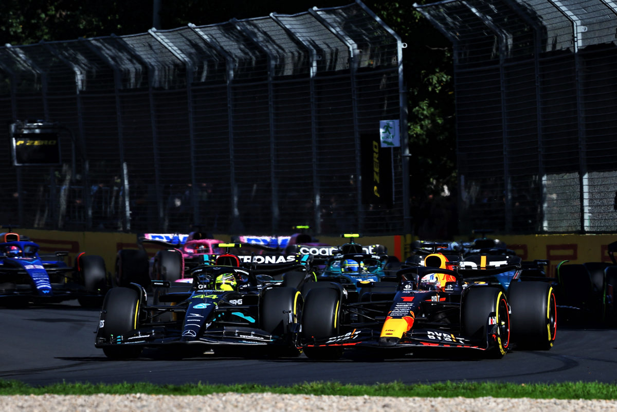 Lewis Hamilton and Max Verstappen duel for position at the start of the Australian GP