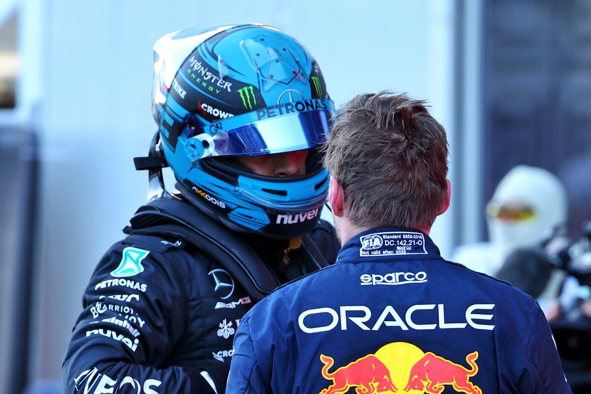 George Russell and Max Verstappen exchange words in parc ferme
