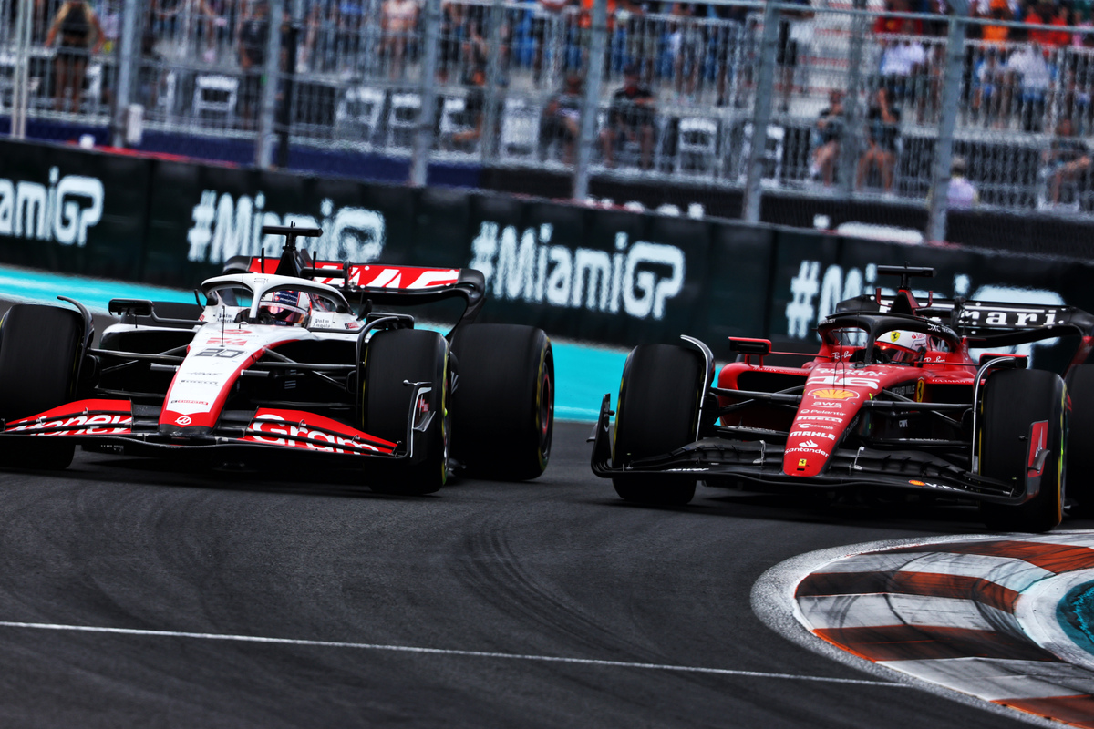 Kevin Magnussen and Charles Leclerc battle during the Miami Grand Prix