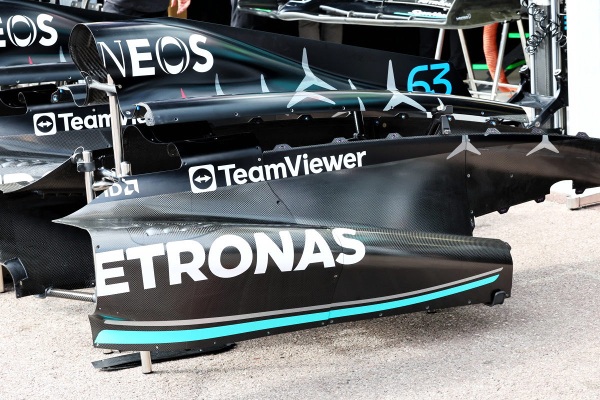 Mercedes upgraded sidepod on its W14 has been seen for the first time in Monaco on Thursday