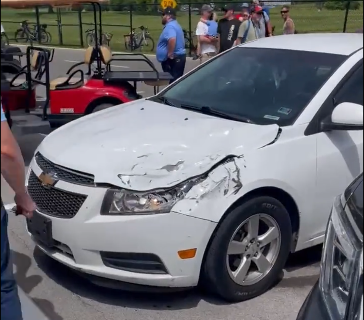 The flying tyre is said to have hit this Chevrolet Cruze. Picture: Andrew Kossack Twitter