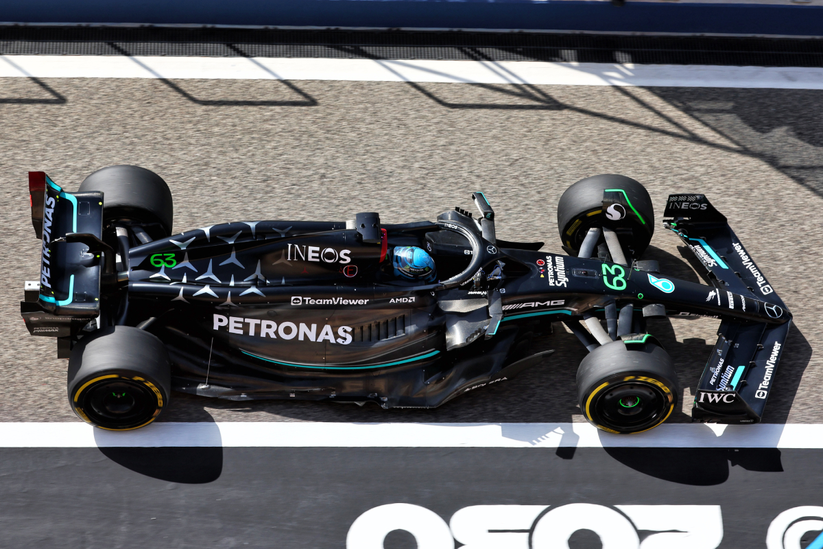 The Mercedes W14 in action in Bahrain