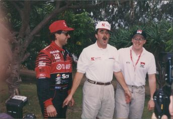 Michael Andretti, Nigel Mansell and Paul Tracy skylarking near the media centre in 1994 
