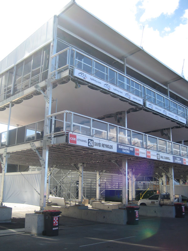 The pit garages in the Sydney Telstra 500 pit lane