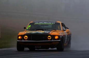 The Mustang through the spray at Mount Panorama