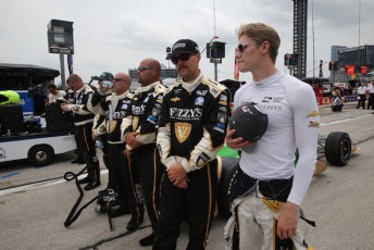 Josef Newgarden (right) with his crew before the start of the race