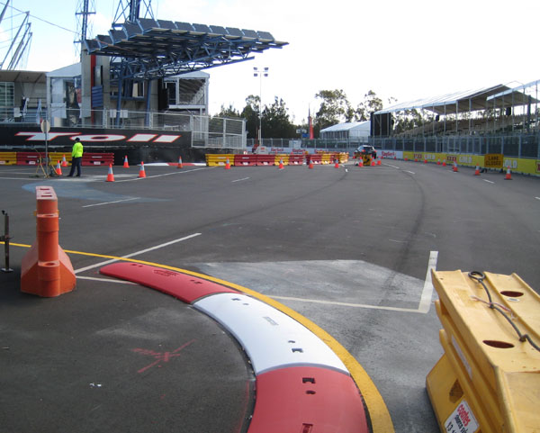 The XXXX Gold Chicane, a left-right-left chicane - note that the crucial right turn apex kerb has not been placed as yet. On Wednesday afternoon officials from V8 Supercars Australia, CAMS as well as Steven Richards and Mark Skaife were touring the circuit on a golf buggy assessing various parts of the circuit