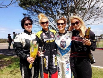 from left, Leanne Tander, Dani Byrnes, Carys Courtney and Hayley Robinson who took part in the WAGs and WIMs Challenge at the V8 Supercars Official Driving Experience