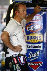 Marcos Ambrose takes time out in the Sprint Cup garage
